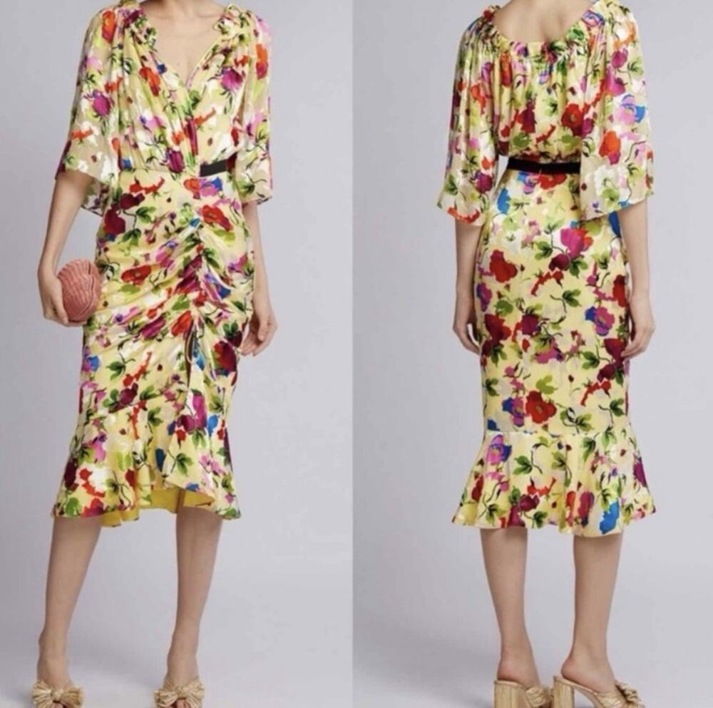 Saloni Devore Olivia B Midi Dress in Lemon Poppies Silk Size 0 Yellow Floral